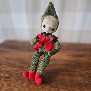 Vintage Japan Elf Doll Ornament Christmas Decoration Green Corduroy Sit Hang